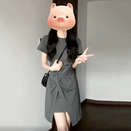 妙奕嘉a字連衣裙裙子女夏季2025新款小個(gè)子氣質(zhì)套裝遮肚子大碼高級氣質(zhì) 圓領(lǐng)茶歇法式灰色收腰短袖連衣裙 M 【建議80-95斤】