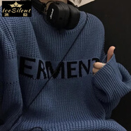 冰隱毛衣男秋冬新款韓國ins學(xué)生復古字母提花圓領(lǐng)情侶裝套頭裝潮 藍色 XL 【130-150斤】