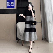羅蒙（ROMON）夏季短袖連衣裙女裝2024新款韓版寬松顯瘦高腰中長(cháng)款條紋紗裙子潮 黑拼灰 L (125-140斤)