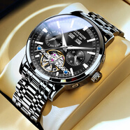 冠琴（GUANQIN） 手表男士機械表多功能夜光萬(wàn)年歷飛輪運動(dòng)防水腕表男表送男友 精鋼黑色