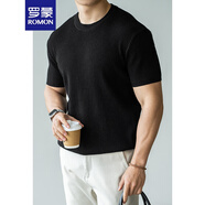 羅蒙（ROMON）美式老錢風(fēng)圓領(lǐng)條紋針織短袖T恤男士2025夏季休閑透氣涼感針織衫 克色/Black【圓領(lǐng)】 XL 130-145斤