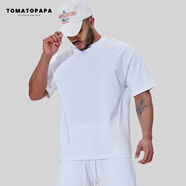 TOMATOPAPA短袖t恤圓領(lǐng)男寬松落肩透氣體恤純色居家情侶上衣套衫 白色(重磅棉305克±5%g_m) S _偏大