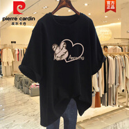 皮爾卡丹（pierre cardin）克萊因藍棉短袖t恤女夏季2025年新款歐貨大版寬松半袖中長款上衣 黑色金色兔子款 2XL (125-145斤