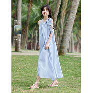 沫晗依美【法式設(shè)計(jì)感度假無袖掛脖連衣裙】2025夏季新款露肩寬松長連衣裙 藍(lán)色 2XL