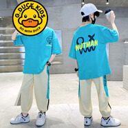 G.DUCKKIDS品牌童裝男童短袖套裝兒童夏季新款中大童男孩帥氣休閑兩件套潮 TZE6067 藍色 160