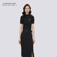哥弟（GIRDEAR） 女裝一秒入夏歐若風(fēng)穿搭修身洋氣百搭煙管領(lǐng)短袖針織衫1399715 黑色 S (2碼)