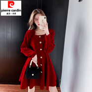 皮爾卡丹酒紅色小晚禮服小紅裙女秋冬季法式小個(gè)子年會(huì )方領(lǐng)長(cháng)袖絲絨連衣裙 酒紅色原版 2XL