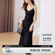 尚都比拉設(shè)計(jì)感抽褶收腰顯瘦中長(zhǎng)款V領(lǐng)吊帶連衣裙夏季修身小黑裙 黑色 M 