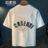 歐索狼涂鴉彩繪短袖T恤男2025夏季新款寬松休閑潮流潑墨印花半袖體恤衫 白色 L （115-130斤）