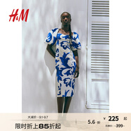 H&M女士花卉連衣裙秋季氣質(zhì)修身歐根紗五分袖燈籠袖連身裙1238363 白色/藍色圖案 160/88 S