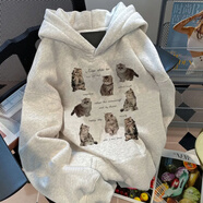 鮮冠100%純棉面料秋冬連帽衛(wèi)衣女卡通情侶款無帽外套韓版秋冬季加絨加 華棉A4-60-8只貓連帽-淺灰加絨 S