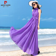 皮爾卡丹（pierre cardin）超長(zhǎng)及踝長(zhǎng)裙2025新款波西米亞純色雪紡大碼連衣裙度假沙灘裙超仙 紫羅蘭 L 建議130-160斤