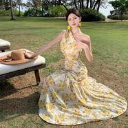 彈簧人2025夏季海邊度假法式風(fēng)小眾斜肩露腰連衣裙雪紡碎花裙 黃色 M