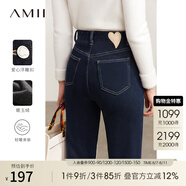 AMII冬極簡港風(fēng)抓毛保暖修身牛仔九分褲女愛心皮牌褲子 深牛仔藍 XL (170)
