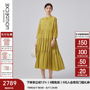 例外（EXCEPTION）新中式女裝春夏款連衣裙亞麻抽褶設計中長(cháng)袖系帶A字襯衫裙 土黃1/19 S