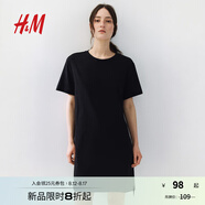 H&M女裝連衣裙秋季純棉圓領(lǐng)短袖簡(jiǎn)約休閑舒適T恤式連身裙1278156 黑色 M 165/96