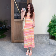 元族多巴胺高級感V領(lǐng)無(wú)袖針織連衣裙女夏季設計感彩虹條紋背心長(cháng)裙子 CX25163彩色條紋 S