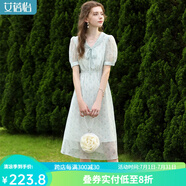 艾蓓怡（I BELIEVE YOU）法式精致系帶V領(lǐng)泡泡短袖碎花雪紡連衣裙女2024夏季新款收腰氣質(zhì) 山嵐綠 L