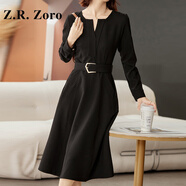 Z.R.Zoro奢侈品連衣裙女2025秋季新款法式氣質(zhì)收腰顯瘦洋氣V領(lǐng)中長(cháng)裙子女 黑色 XL