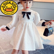 G.DUCKKIDS女童連衣裙春秋兒童長袖裙2025新款女寶白色壓花小女孩法式公主裙 b227白色 100 cm