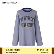 IIIVIVINIKO春夏新品條紋廓形長袖T恤女M310503355A 印花藍(lán) M