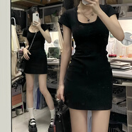 衣然呈品辣妹緊身包臀短袖連衣裙女夏季薄款性感收腰顯瘦甜辣純欲短裙子女 黑色 S 【建議80-90斤】