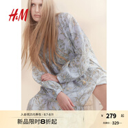 H&M女裝連衣裙2025夏花朵系帶燈籠袖皺感A字植物印花長(cháng)裙1219083 淺藍色/花卉 S 160/88