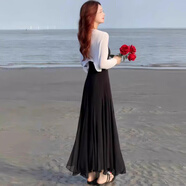 潮思匯初夏海邊度假連衣裙女夏季新款冰絲防曬襯衫吊帶裙兩件套裝長裙子 白披+黑裙(套裝) S 80-100
