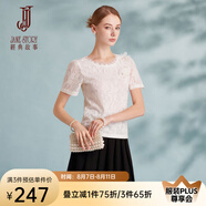 經(jīng)典故事（JANE STORY）黑色時(shí)尚花邊圓領(lǐng)短袖女2025夏季新款修身百搭T恤超好看蕾絲上衣 米白 L