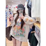 LDBE復古涂鴉印花防曬長袖T恤女2025夏季新款薄款寬松中長款罩衫上衣 七彩色 S