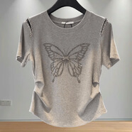 珞妮短袖t恤女夏季2025新款露肩鑲鉆蝴蝶捏褶設計感寬松顯瘦大碼上衣 灰色【燙鉆蝴蝶】 L 建議100-115斤