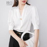 晚白法式優(yōu)雅V領白襯衫女2025秋款百搭小衫通勤顯瘦襯衣 白色 M