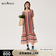 謎底100%桑蠶絲連衣裙2024秋季新品條紋撞色A型長裙短袖243GL1173 干枯玫瑰條 L