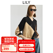 LILY2025秋新款女裝含羊毛復古學(xué)院風(fēng)幾何撞色提花V領(lǐng)針織衫毛衣 510黑 S