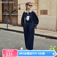 Olrain歐芮兒Polo連衣裙女春裝女裝收腰趣味卡通印花衛(wèi)衣裙子 藏青色 XL