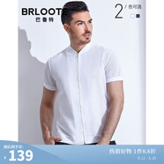 Brloote/巴魯特短袖襯衫男針織梭織透氣時尚細格紋棒球領拉鏈襯衣 白色 165/88A