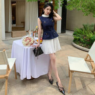 京心選藍(lán)色拼接白色百褶雪紡短裙小香風(fēng)氣質(zhì)無(wú)袖假兩件連衣裙不撞款 深藍(lán)色拼白色 L