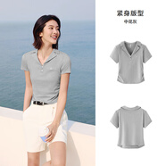 森馬森馬POLO衫女短款辣妹西裝領(lǐng)鹽系2025夏新款刺繡涼感緊身上衣顯瘦 中花灰00510 S 155_80A_