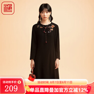漁女裝2022新款秋裝輕薄國風(fēng)繡花呢料過(guò)膝長(cháng)款連衣裙百搭FGEC0025 黑 S