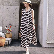 GOYN雪紡連衣裙女夏無(wú)袖背心裙韓版大碼寬松顯瘦長(cháng)裙旅游度假裙子 杏黑條紋 M _90-115斤
