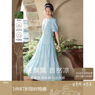 茵曼（INMAN）法式連衣裙女夏季顯瘦遮肚燈籠袖抽繩收腰公主長裙子 紺藍(lán)色 S 