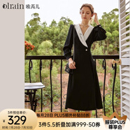Olrain歐芮兒赫本風(fēng)連衣裙女秋冬收腰顯瘦法式復(fù)古拼色翻領(lǐng)長(zhǎng)裙 黑色 XL 170/92A