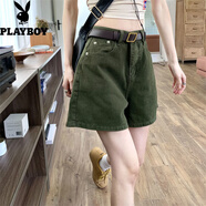 花花公子（PLAYBOY）復古綠色牛仔短褲女夏季新款韓版高腰顯瘦網(wǎng)紅A字卷邊闊腿褲ins潮 綠色+黑色腰帶 L