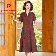 皮爾卡丹（PIERRE CARDIN）中年媽媽夏裝時(shí)尚洋派洋裝2024新款闊太太女裝短袖印花薄款裙子 紅色 XL 建議95-110斤