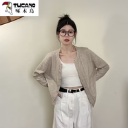 啄木鳥(niǎo)（TUCANO）新品軟糯親膚薄款針織開(kāi)衫女韓版打底寬松短款小外搭毛衣外套上衣 卡其色 L