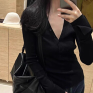 冉藝嵐純欲白色V領(lǐng)長袖針織衫女春季紙片人修身低領(lǐng)內(nèi)搭毛衣打底衫上衣 黑色[搭毛呢大衣/大衣內(nèi)搭/元?dú)?S 均碼