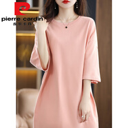 皮爾卡丹（pierre cardin）長(zhǎng)版大版t恤女遮臀落肩寬松白色純棉七分袖夏打底衫遮屁股短袖顯 肉粉色今年流行的輕奢品牌 S