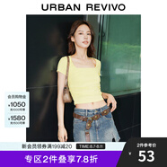 UR秋季新款女裝曠野美拉德褶皺修身套頭短袖T恤UWM440004 米黃 L