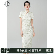 固執(zhí)（OBSTINATE）【特價(jià)】2025夏季新中式竹葉提花日常顯瘦改良短袖氣質(zhì)旗袍連衣裙 淺綠色 S