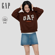 GAP女裝2025秋季新款撞色Logo寬松抓絨套頭連帽衫衛衣上衣792499 棕色 M (165/88A) 亞洲尺碼